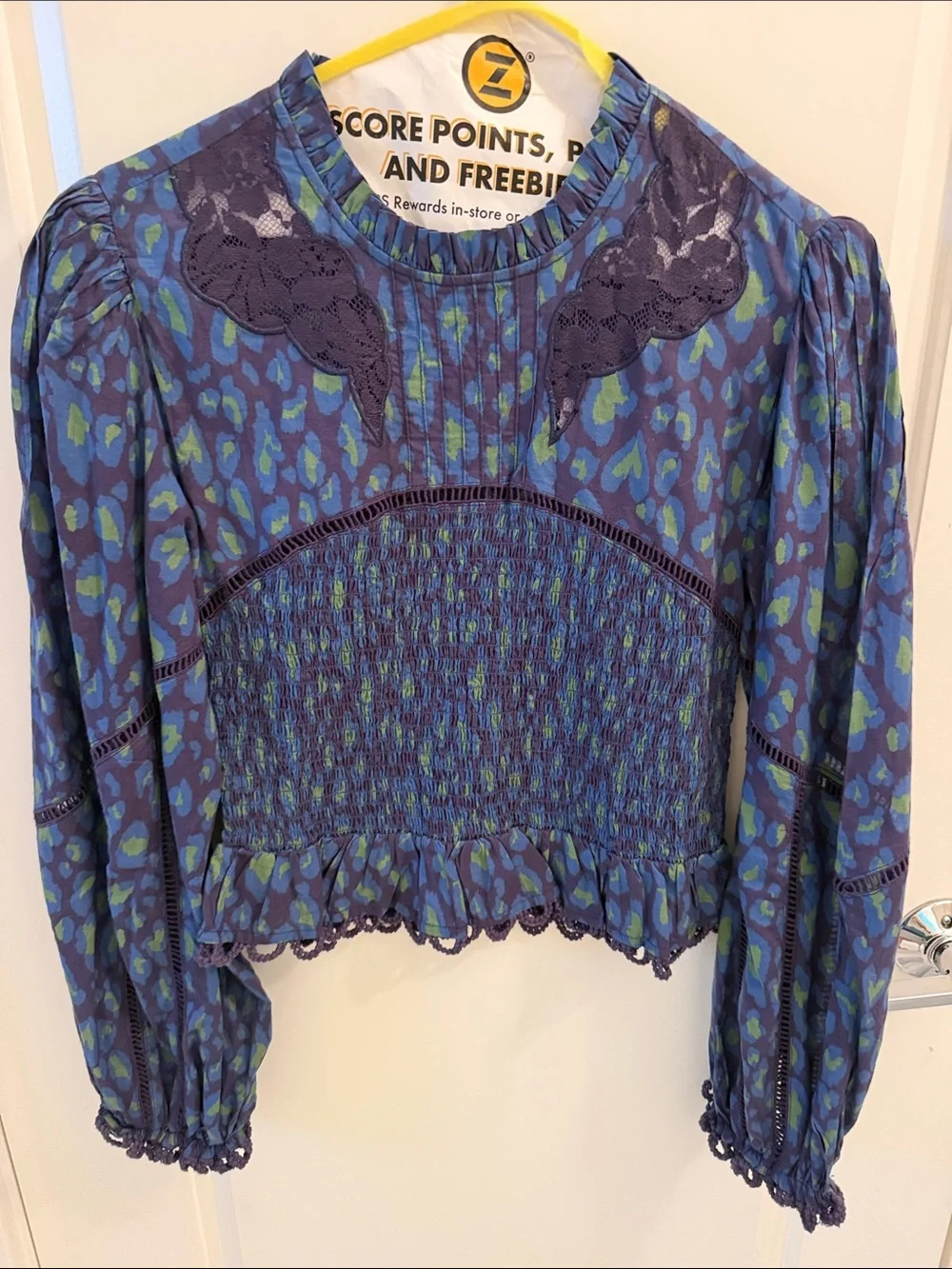 FARM Rio Navy and Green Smocked Lace-Trim Blouse
